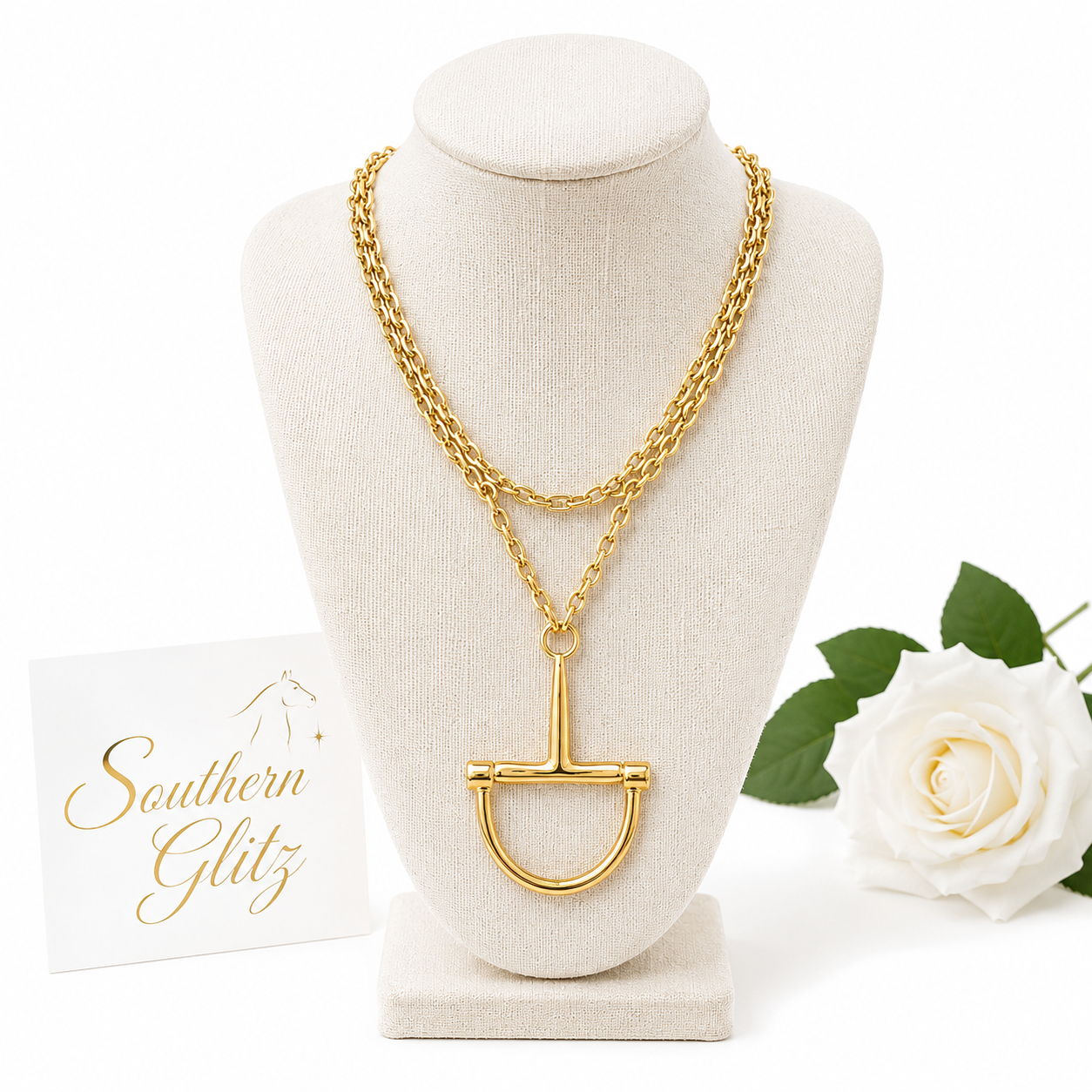 Gold Equestrian Statement Necklace, Layered Chain Horse Bit Pendant, Horse Lover Jewelry, Elegant Equestrian Gift