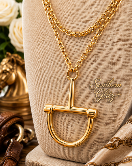 Gold Equestrian Statement Necklace, Layered Chain Horse Bit Pendant, Horse Lover Jewelry, Elegant Equestrian Gift