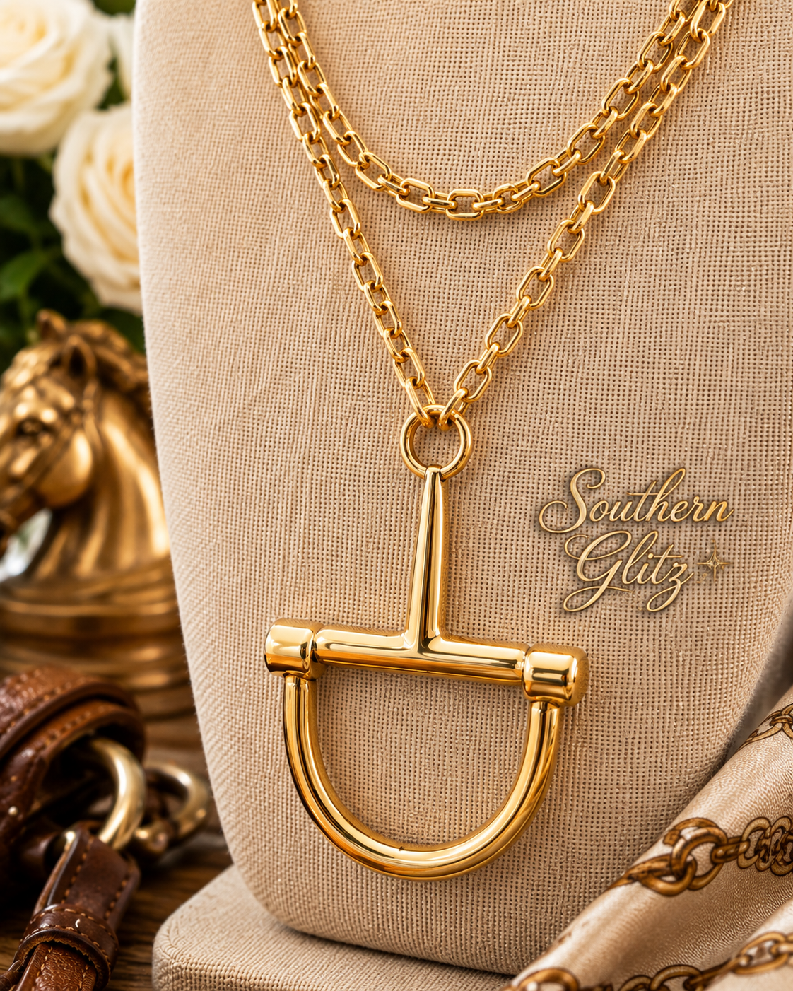 Gold Equestrian Statement Necklace, Layered Chain Horse Bit Pendant, Horse Lover Jewelry, Elegant Equestrian Gift