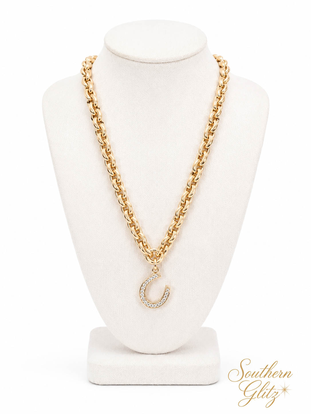 Gold Horseshoe Necklace, Crystal Horseshoe Pendant, Chunky Gold Chain Necklace, Equestrian Jewelry, Horse Lover Gift