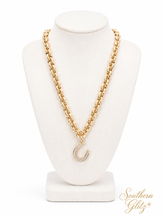 Gold Horseshoe Necklace, Crystal Horseshoe Pendant, Chunky Gold Chain Necklace, Equestrian Jewelry, Horse Lover Gift