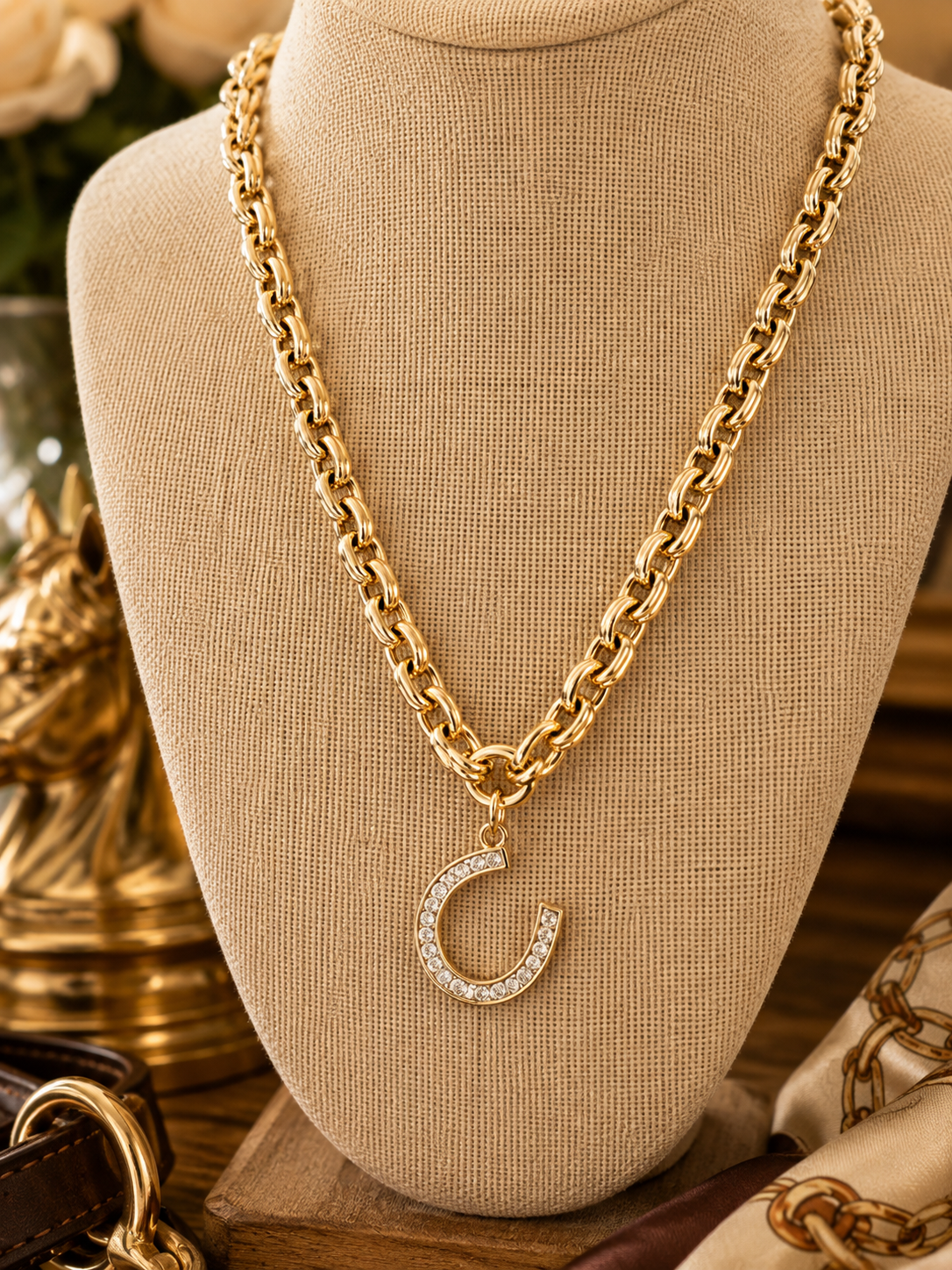 Gold Horseshoe Necklace, Crystal Horseshoe Pendant, Chunky Gold Chain Necklace, Equestrian Jewelry, Horse Lover Gift
