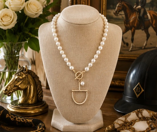 Pearl Equestrian Stirrup Necklace, Gold Horse Stirrup Pendant, Pearl Toggle Necklace, Horse Lover Gift, Elegant Equestrian Jewelry