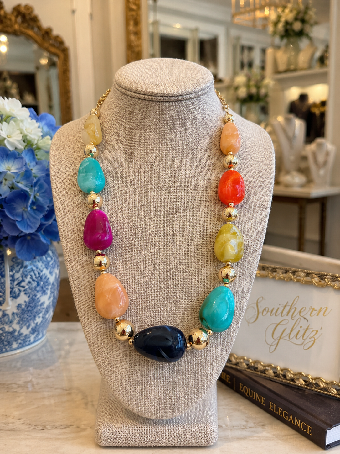 Colorful Chunky Statement Necklace, Multicolor Resin Bead Necklace, Gold Beaded Necklace, Bold Boutique Jewelry, Southern Style