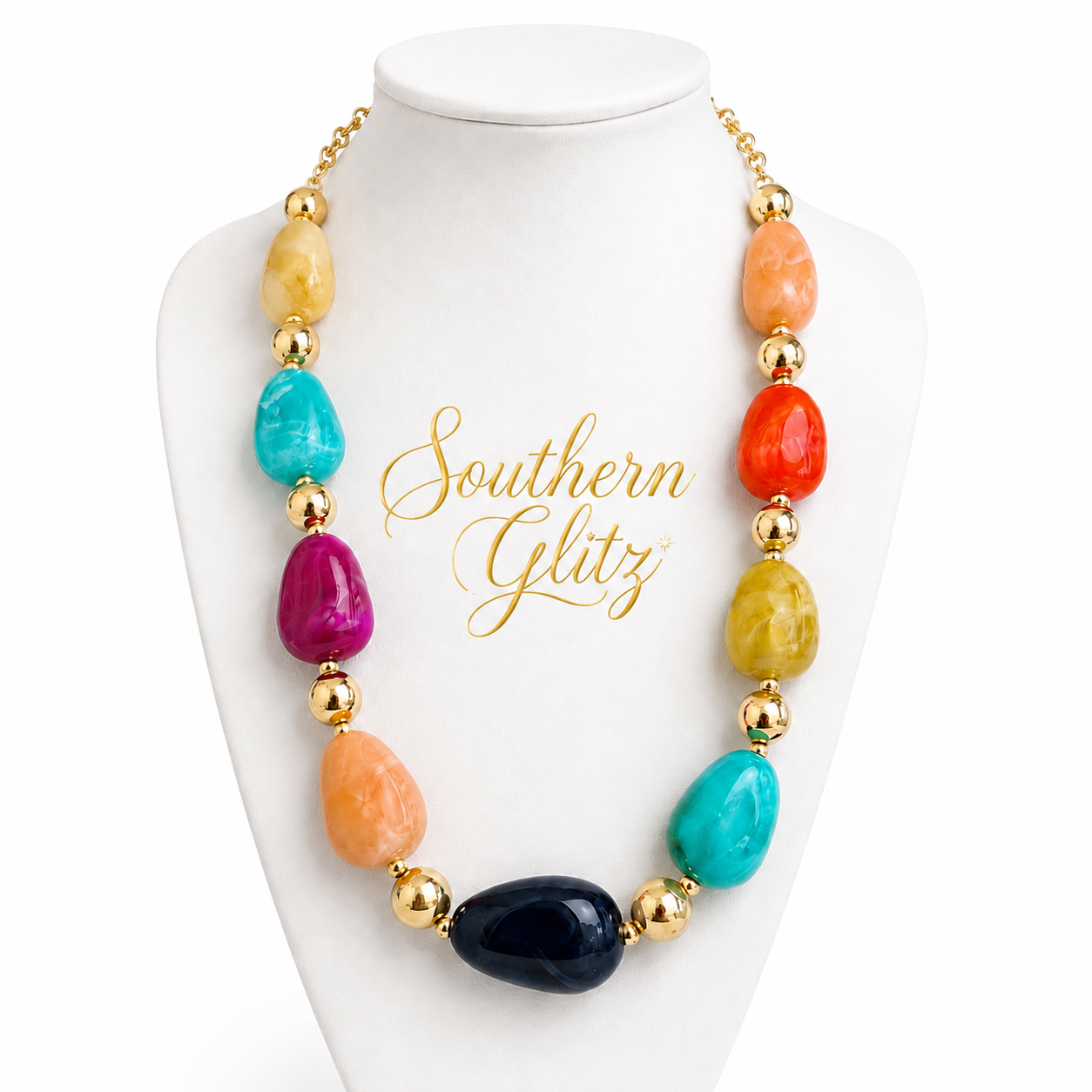 Colorful Chunky Statement Necklace, Multicolor Resin Bead Necklace, Gold Beaded Necklace, Bold Boutique Jewelry, Southern Style