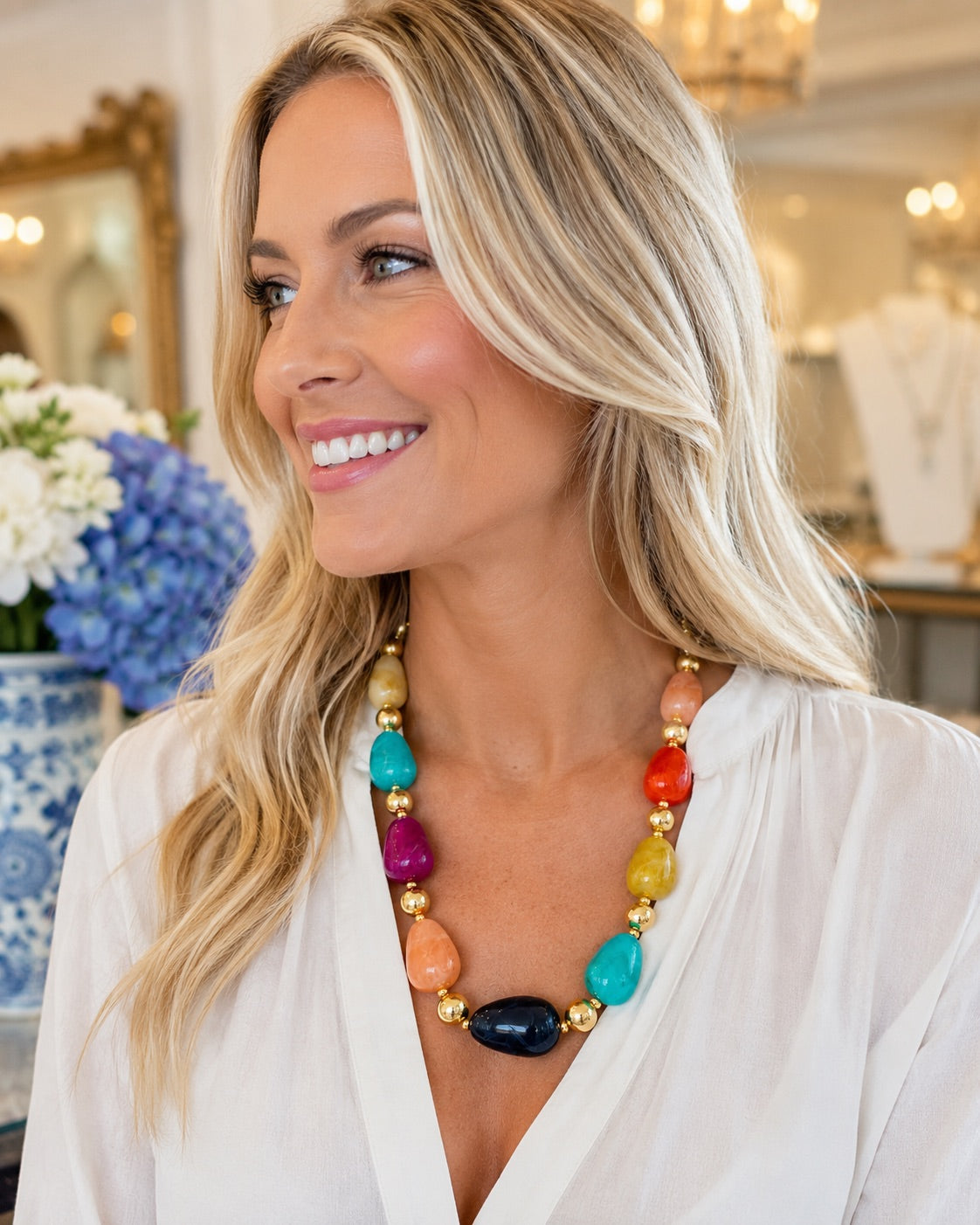 Colorful Chunky Statement Necklace, Multicolor Resin Bead Necklace, Gold Beaded Necklace, Bold Boutique Jewelry, Southern Style