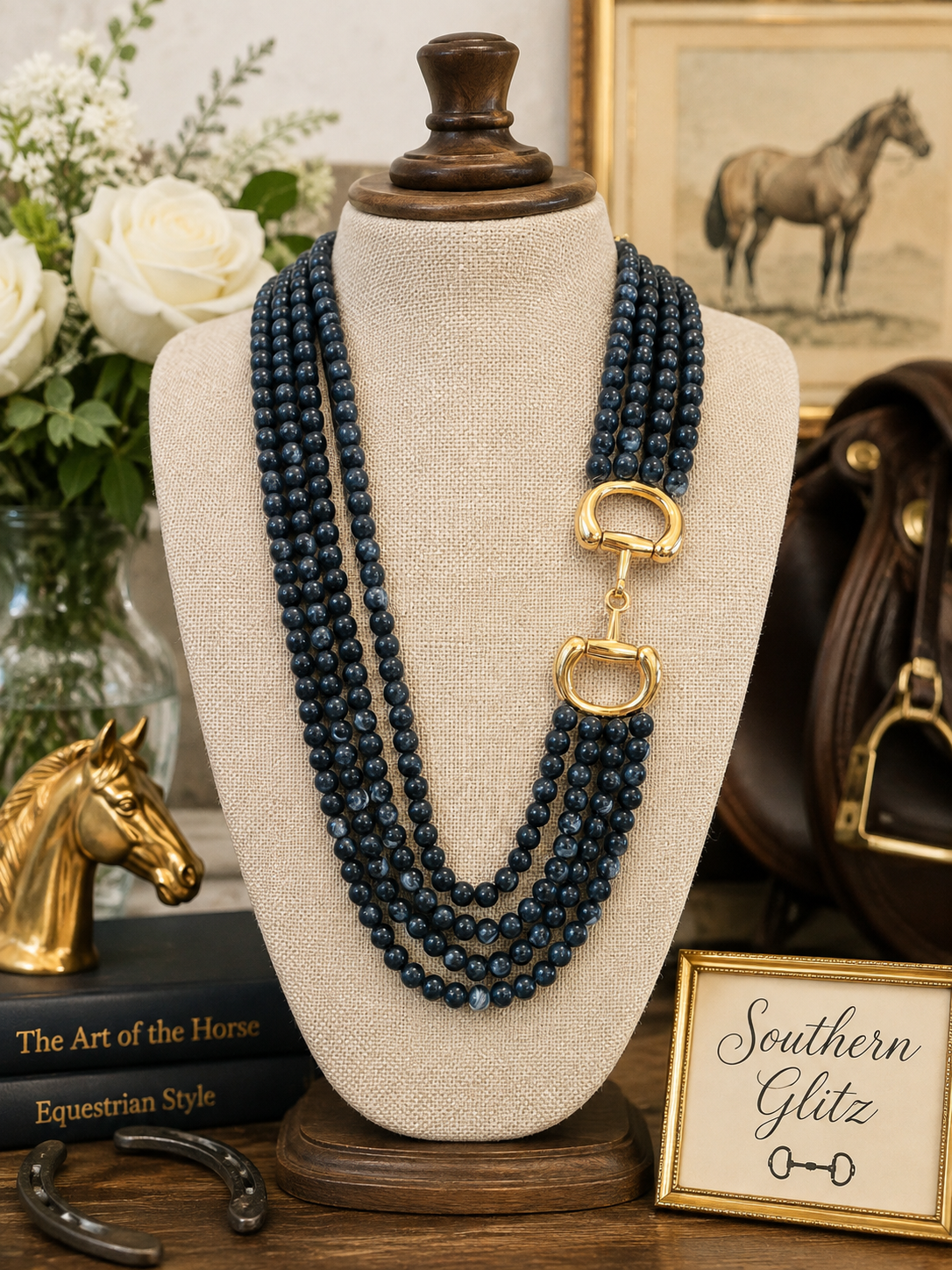 Black Multi Strand Beaded Necklace with Gold Horse Bit Accent, Equestrian Statement Necklace, Horse Lover Jewelry