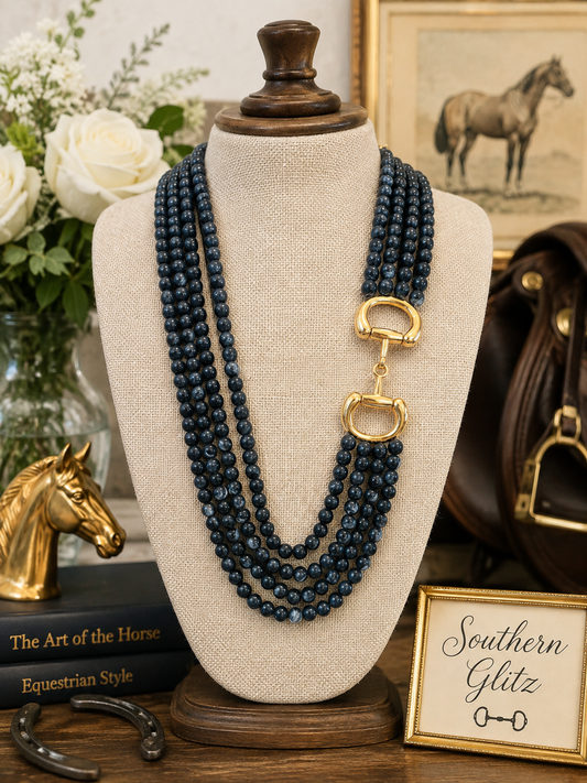 Black Multi Strand Beaded Necklace with Gold Horse Bit Accent, Equestrian Statement Necklace, Horse Lover Jewelry