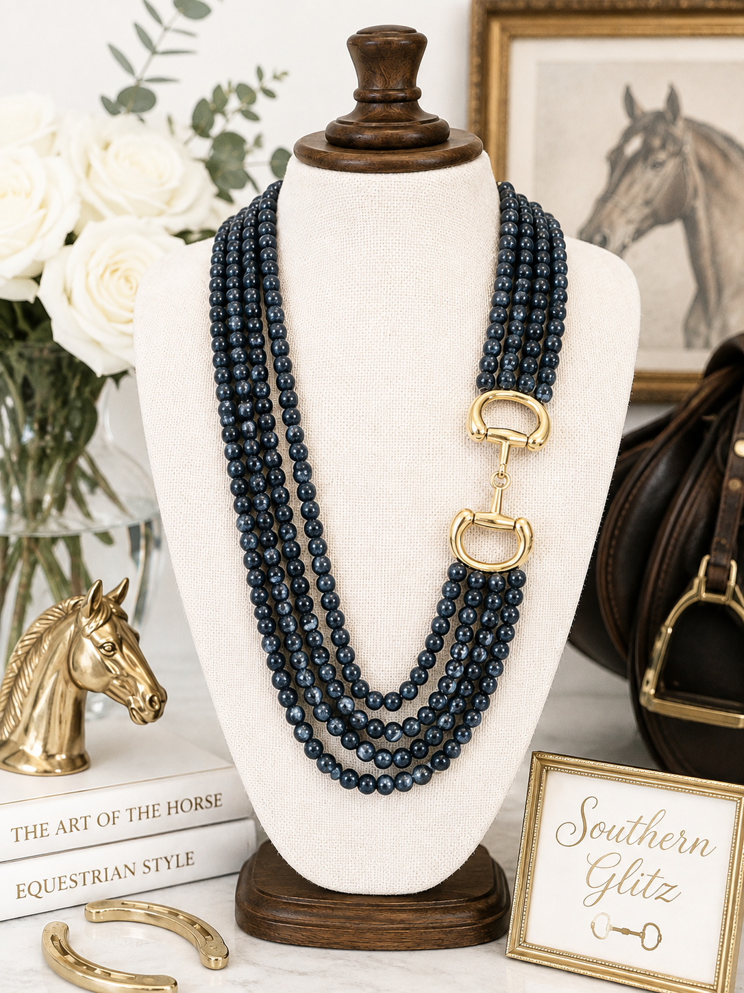 Black Multi Strand Beaded Necklace with Gold Horse Bit Accent, Equestrian Statement Necklace, Horse Lover Jewelry