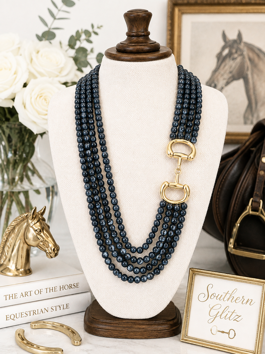 Black Multi Strand Beaded Necklace with Gold Horse Bit Accent, Equestrian Statement Necklace, Horse Lover Jewelry