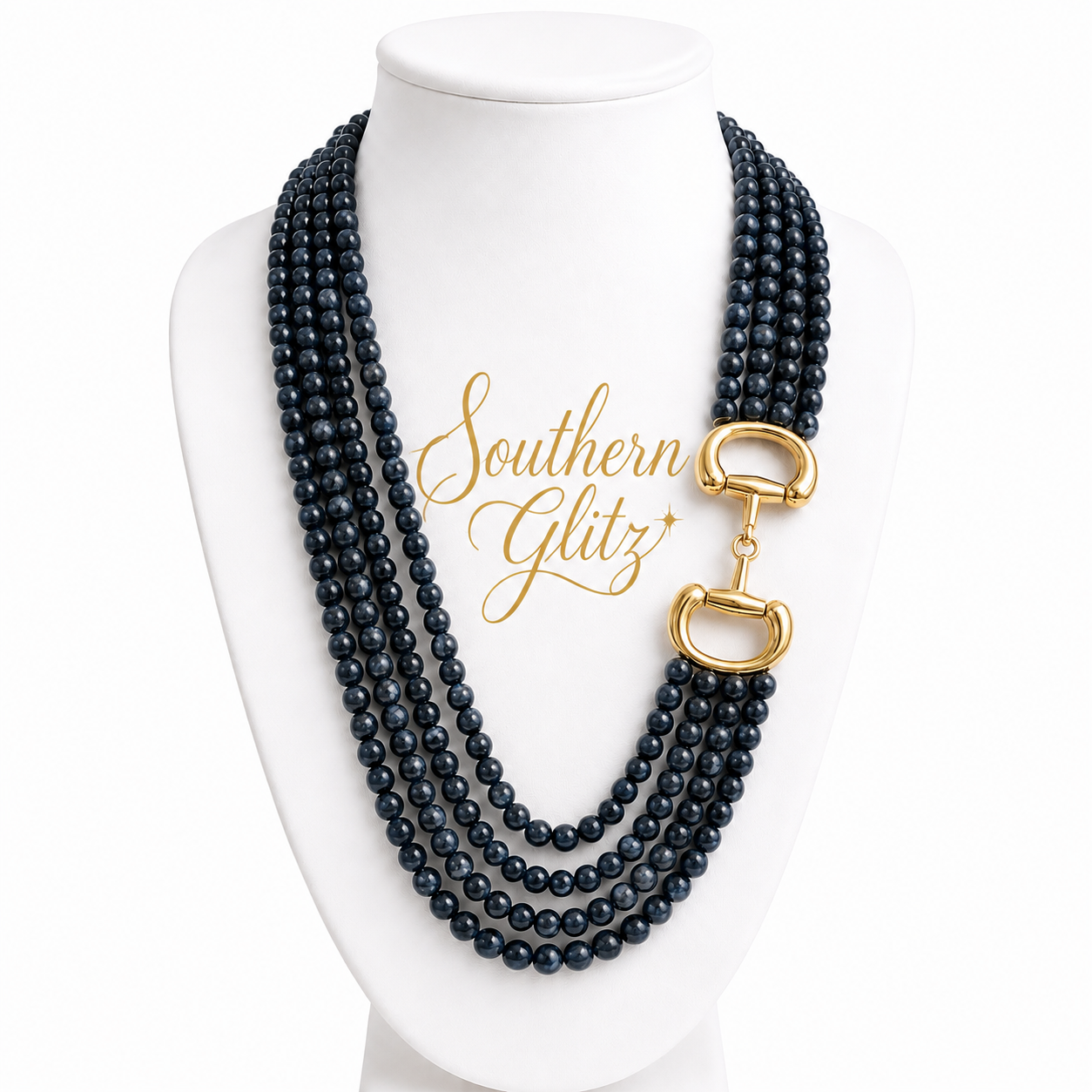 Black Multi Strand Beaded Necklace with Gold Horse Bit Accent, Equestrian Statement Necklace, Horse Lover Jewelry