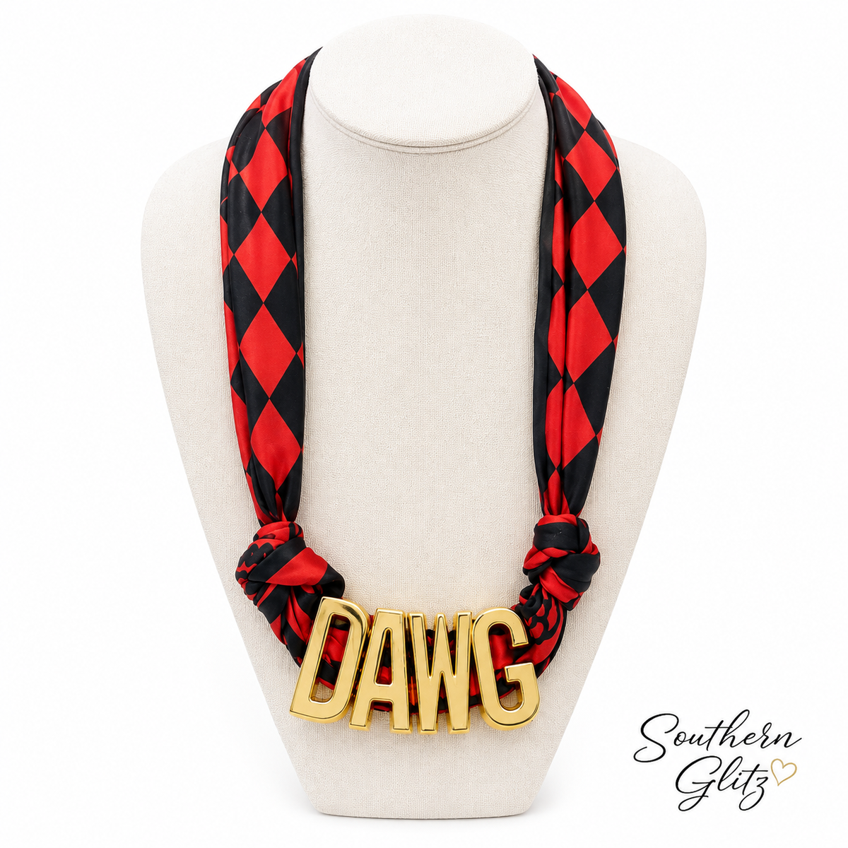 Red Black DAWG Scarf Necklace, Gold Statement Pendant, Game Day Jewelry, Bulldog Fan Necklace, Southern Football Style