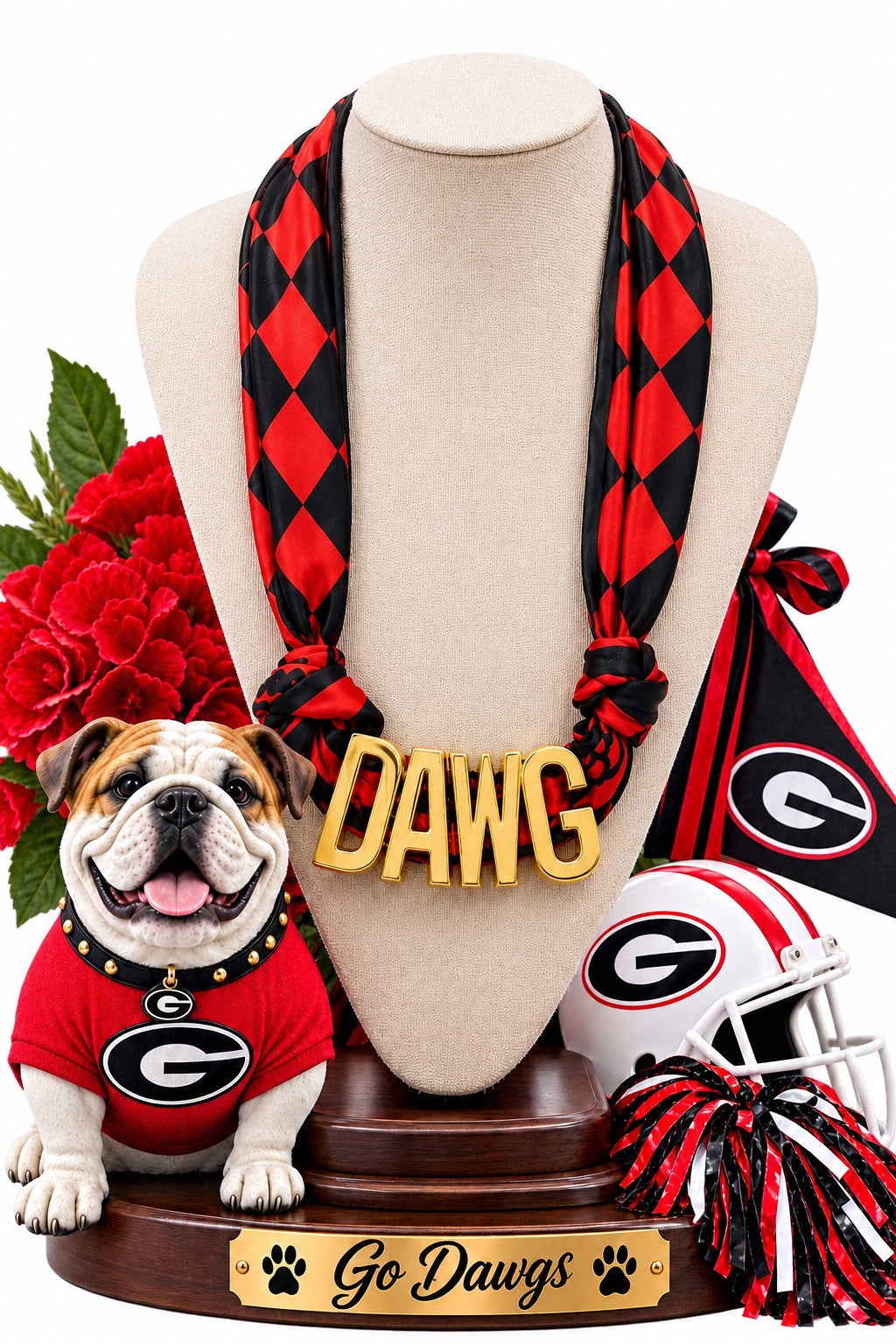 Red Black DAWG Scarf Necklace, Gold Statement Pendant, Game Day Jewelry, Bulldog Fan Necklace, Southern Football Style