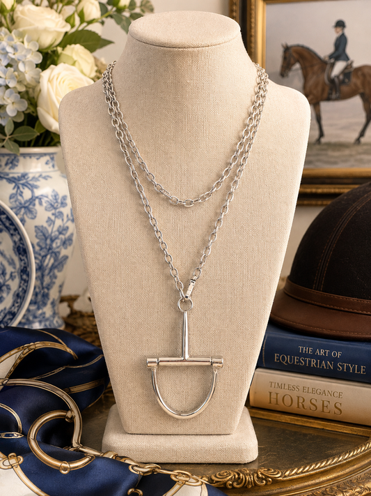 Silver Equestrian Stirrup Necklace, Layered Horse Lover Necklace, Silver Horse Jewelry, Equestrian Statement Necklace, Rider Gift