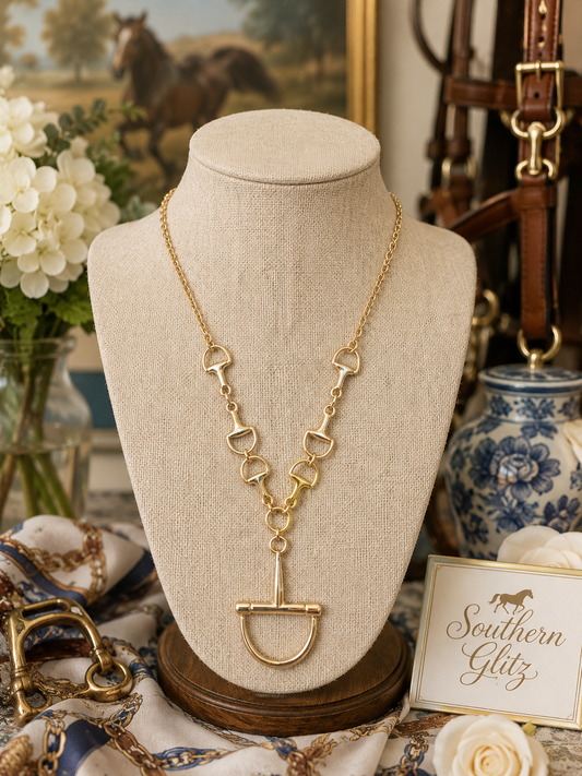 Gold Equestrian Horse Bit Necklace, Stirrup Pendant Statement Necklace, Horse Lover Jewelry, Equestrian Gift, Rider Necklace