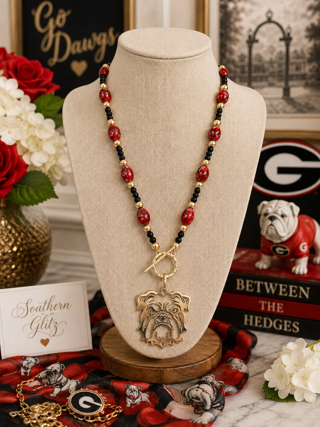 Bulldog Game Day Necklace, Red Black Beaded Necklace, Gold Bulldog Pendant, Georgia Inspired Jewelry, Football Fan Gift