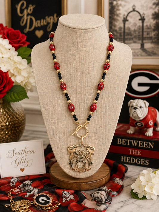 Bulldog Game Day Necklace, Red Black Beaded Necklace, Gold Bulldog Pendant, Georgia Inspired Jewelry, Football Fan Gift