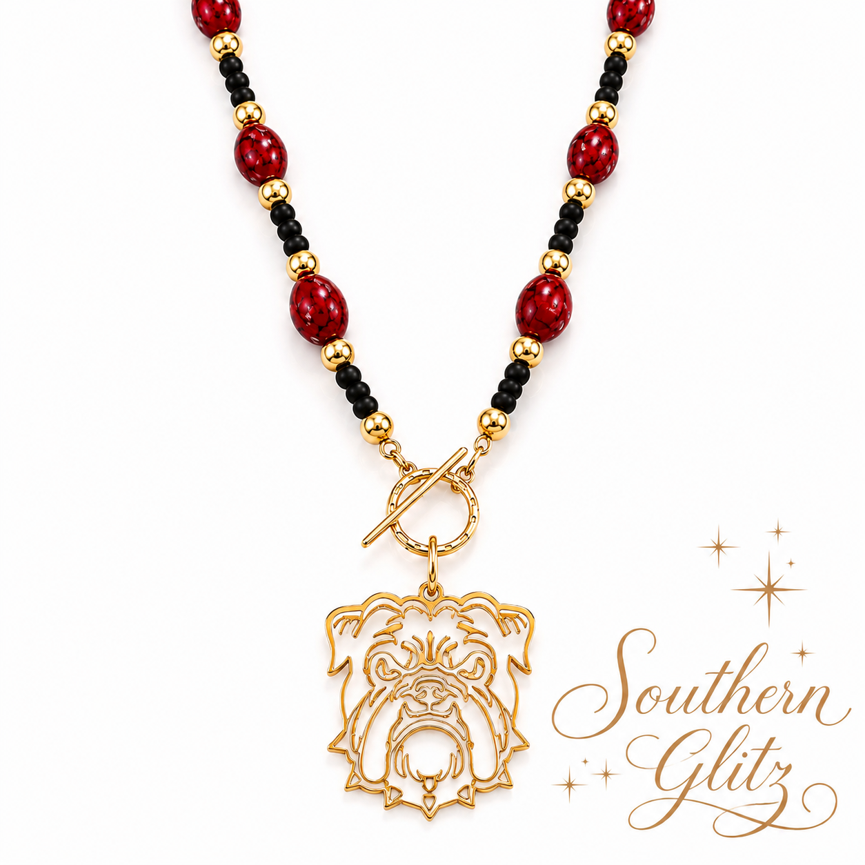 Bulldog Game Day Necklace, Red Black Beaded Necklace, Gold Bulldog Pendant, Georgia Inspired Jewelry, Football Fan Gift