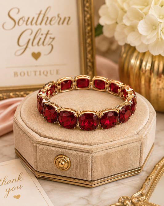Ruby Red Crystal Bracelet, Gold Statement Bracelet, Red Gemstone Jewelry, Game Day Bracelet, Elegant Red and Gold Jewelry