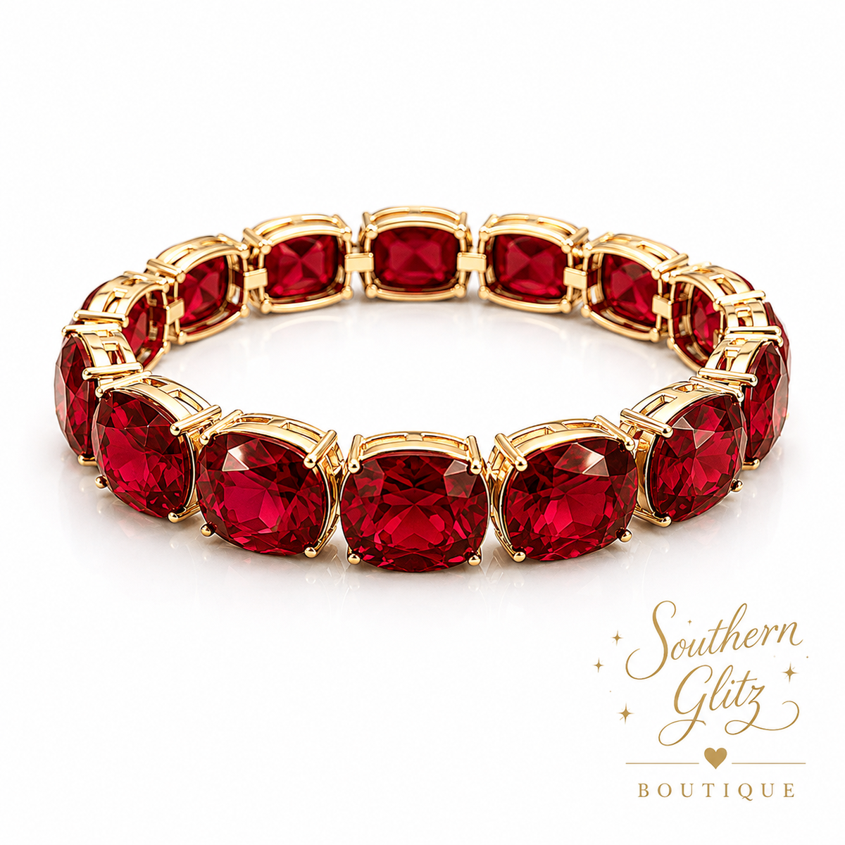Ruby Red Crystal Bracelet, Gold Statement Bracelet, Red Gemstone Jewelry, Game Day Bracelet, Elegant Red and Gold Jewelry
