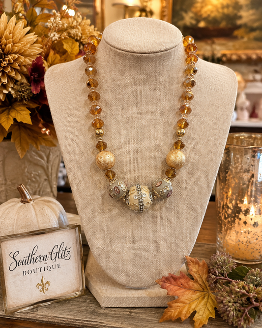 Amber Crystal Statement Necklace, Gold Ornate Beaded Necklace, Brown Champagne Statement Jewelry, Vintage Inspired Boutique Necklace