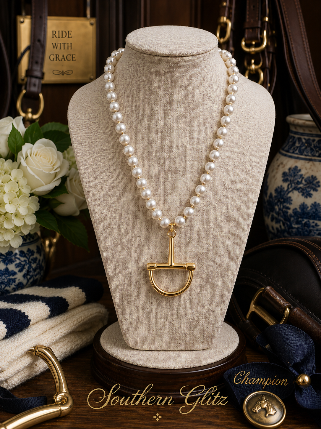 Pearl Equestrian Stirrup Necklace, Gold Horse Bit Pendant Necklace, Horse Lover Jewelry, Classic Southern Necklace, Equestrian Gift