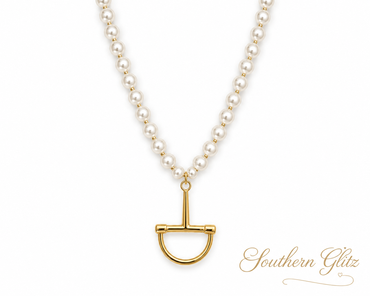 Pearl Equestrian Stirrup Necklace, Gold Horse Bit Pendant Necklace, Horse Lover Jewelry, Classic Southern Necklace, Equestrian Gift