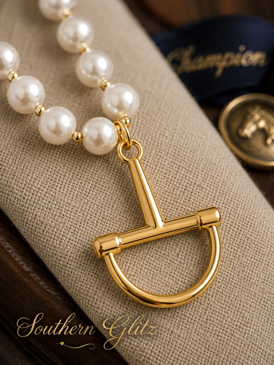 Pearl Equestrian Stirrup Necklace, Gold Horse Bit Pendant Necklace, Horse Lover Jewelry, Classic Southern Necklace, Equestrian Gift