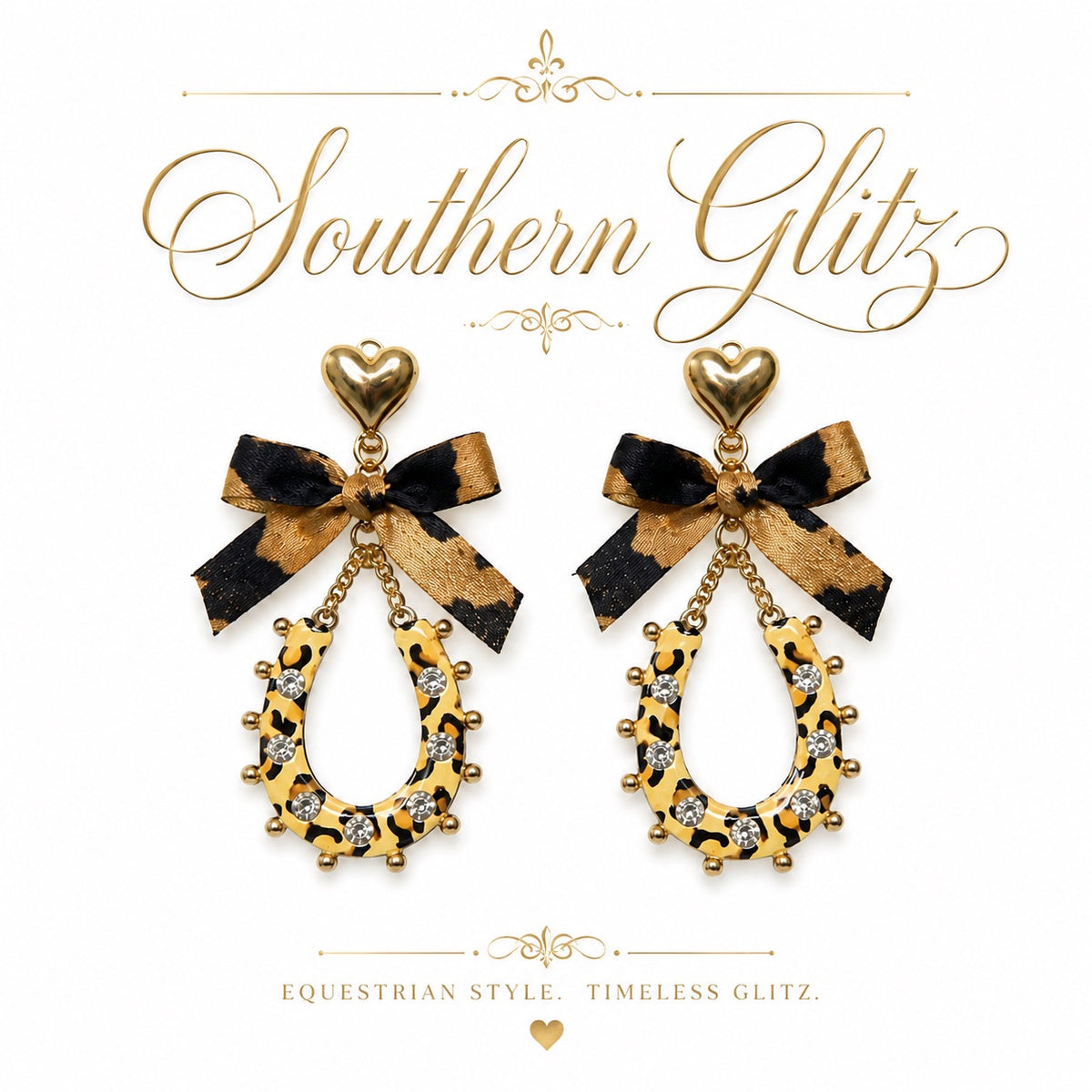 Leopard Print Horseshoe Earrings, Gold Equestrian Statement Earrings, Crystal Horse Lover Jewelry, Bow Earrings, Western Equestrian Gift