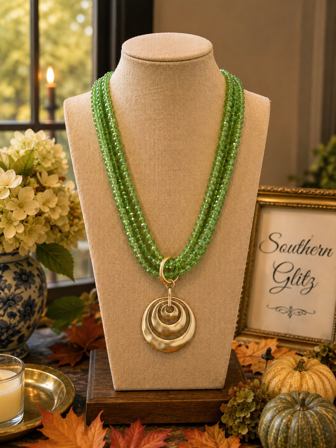 Green Multi Strand Beaded Necklace, Gold Circle Pendant Necklace, Fall Statement Jewelry, Southern Boutique Necklace, Gift for Her