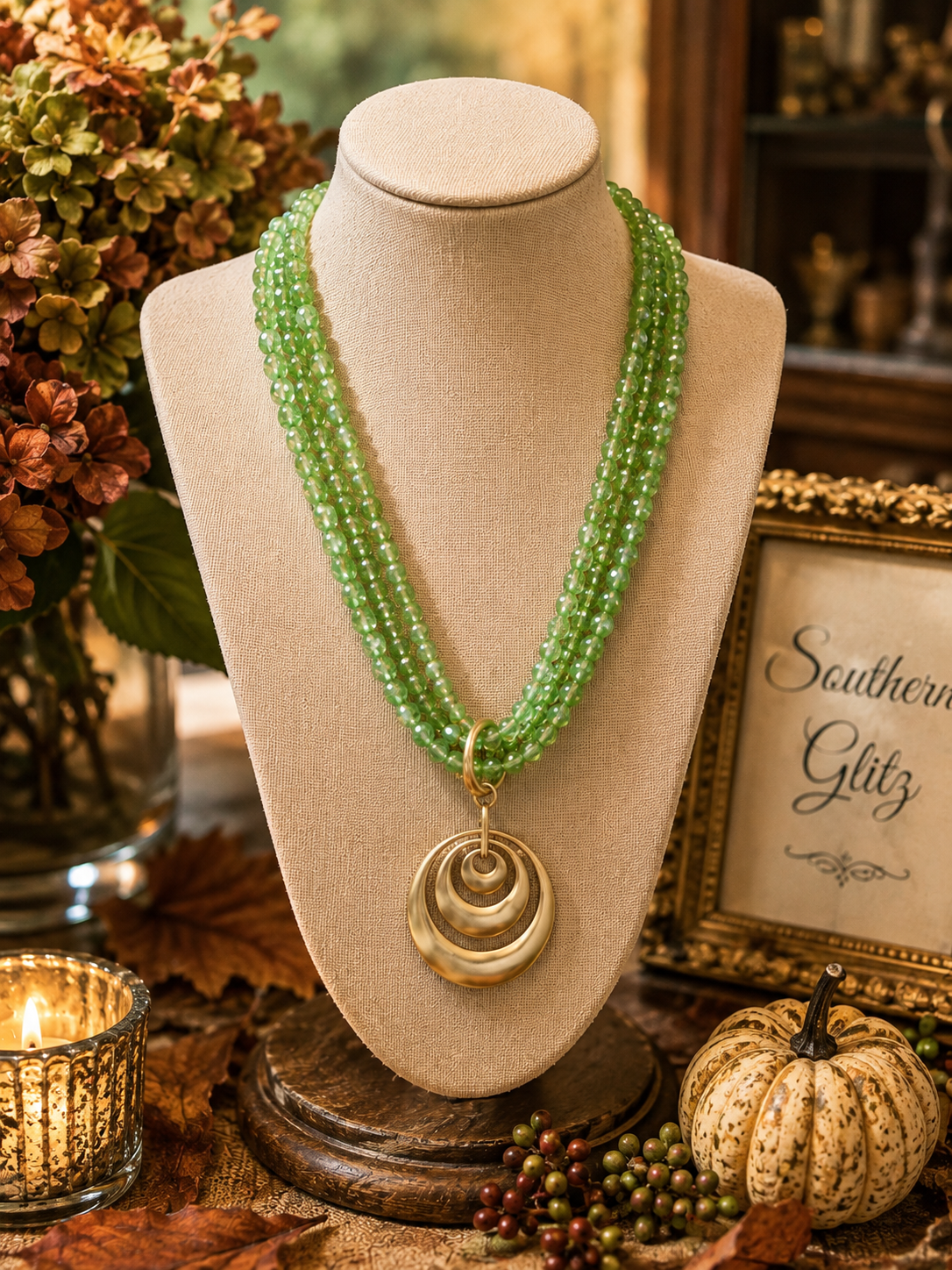 Green Multi Strand Beaded Necklace, Gold Circle Pendant Necklace, Fall Statement Jewelry, Southern Boutique Necklace, Gift for Her