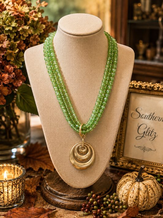 Green Multi Strand Beaded Necklace, Gold Circle Pendant Necklace, Fall Statement Jewelry, Southern Boutique Necklace, Gift for Her