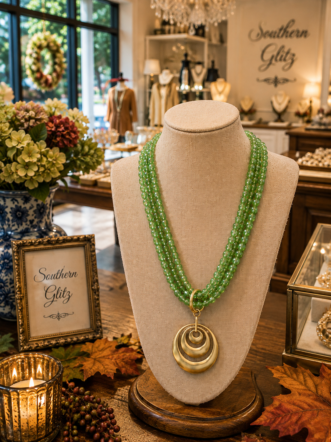 Green Multi Strand Beaded Necklace, Gold Circle Pendant Necklace, Fall Statement Jewelry, Southern Boutique Necklace, Gift for Her