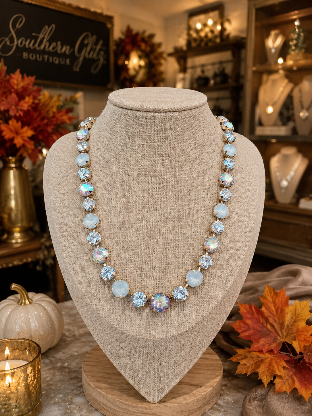 Iridescent Crystal Statement Necklace, Aurora Borealis Rhinestone Necklace, Opalescent Sparkle Jewelry, Vintage Inspired Necklace