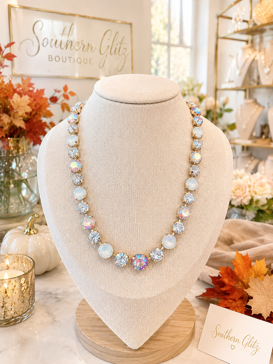 Iridescent Crystal Statement Necklace, Aurora Borealis Rhinestone Necklace, Opalescent Sparkle Jewelry, Vintage Inspired Necklace