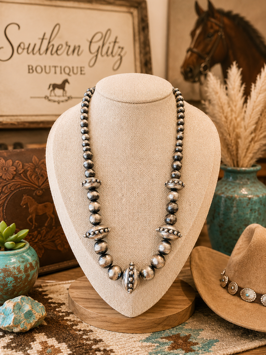 Silver Beaded Statement Necklace, Chunky Silver Tone Necklace, Navajo Inspired Pearl Necklace, Southwestern Jewelry, Boutique Statement Necklace
