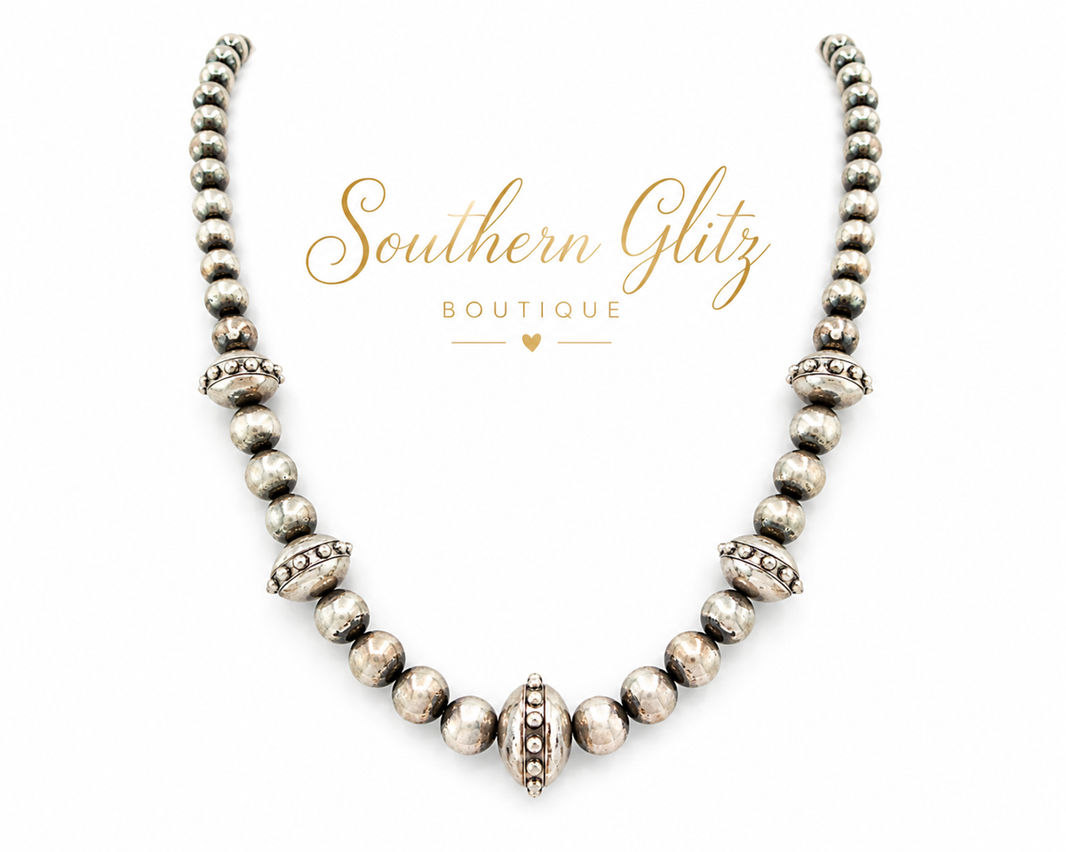 Silver Beaded Statement Necklace, Chunky Silver Tone Necklace, Navajo Inspired Pearl Necklace, Southwestern Jewelry, Boutique Statement Necklace