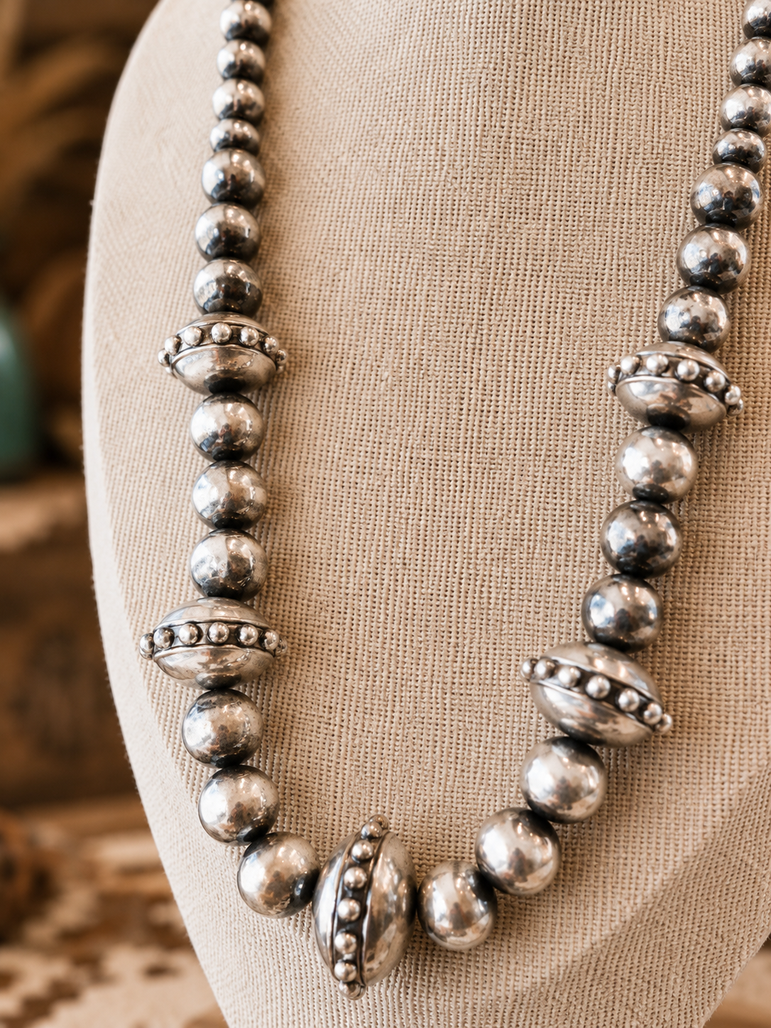 Silver Beaded Statement Necklace, Chunky Silver Tone Necklace, Navajo Inspired Pearl Necklace, Southwestern Jewelry, Boutique Statement Necklace