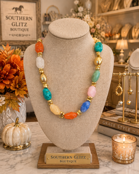 Colorful Beaded Statement Necklace, Multicolor Oval Bead Necklace with Gold Accents, Bright Boutique Jewelry, Gift for Her