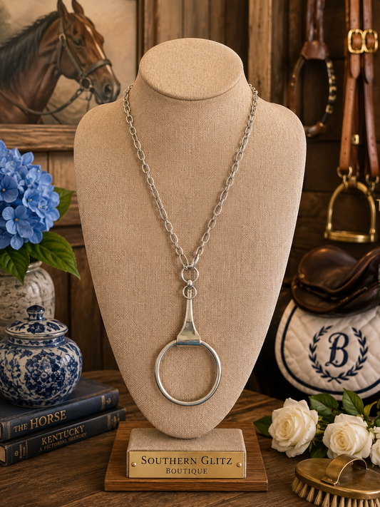 Silver Equestrian Statement Necklace, Large Horse Bit Ring Pendant, Long Silver Chain Necklace, Horse Lover Jewelry, Equestrian Gift