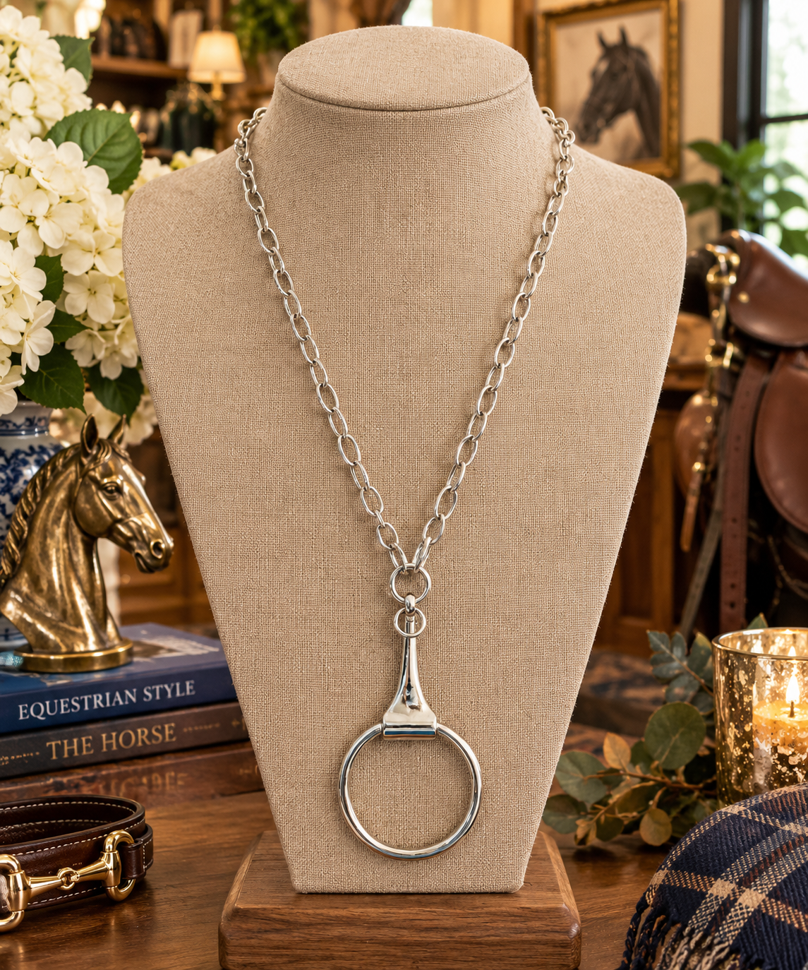 Silver Equestrian Statement Necklace, Large Horse Bit Ring Pendant, Long Silver Chain Necklace, Horse Lover Jewelry, Equestrian Gift