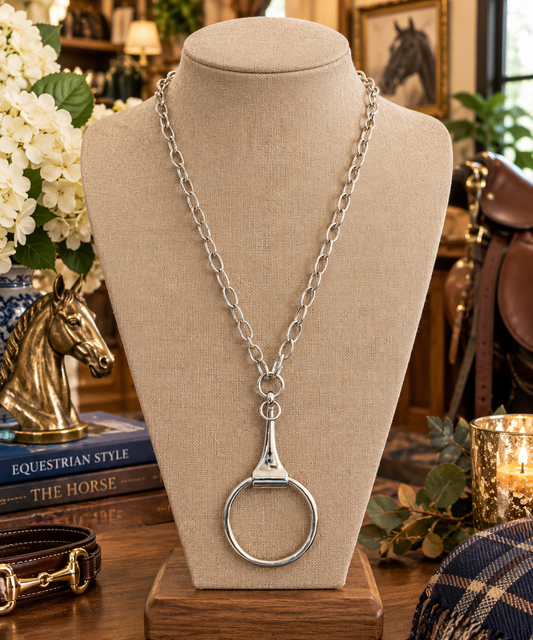 Silver Equestrian Statement Necklace, Large Horse Bit Ring Pendant, Long Silver Chain Necklace, Horse Lover Jewelry, Equestrian Gift