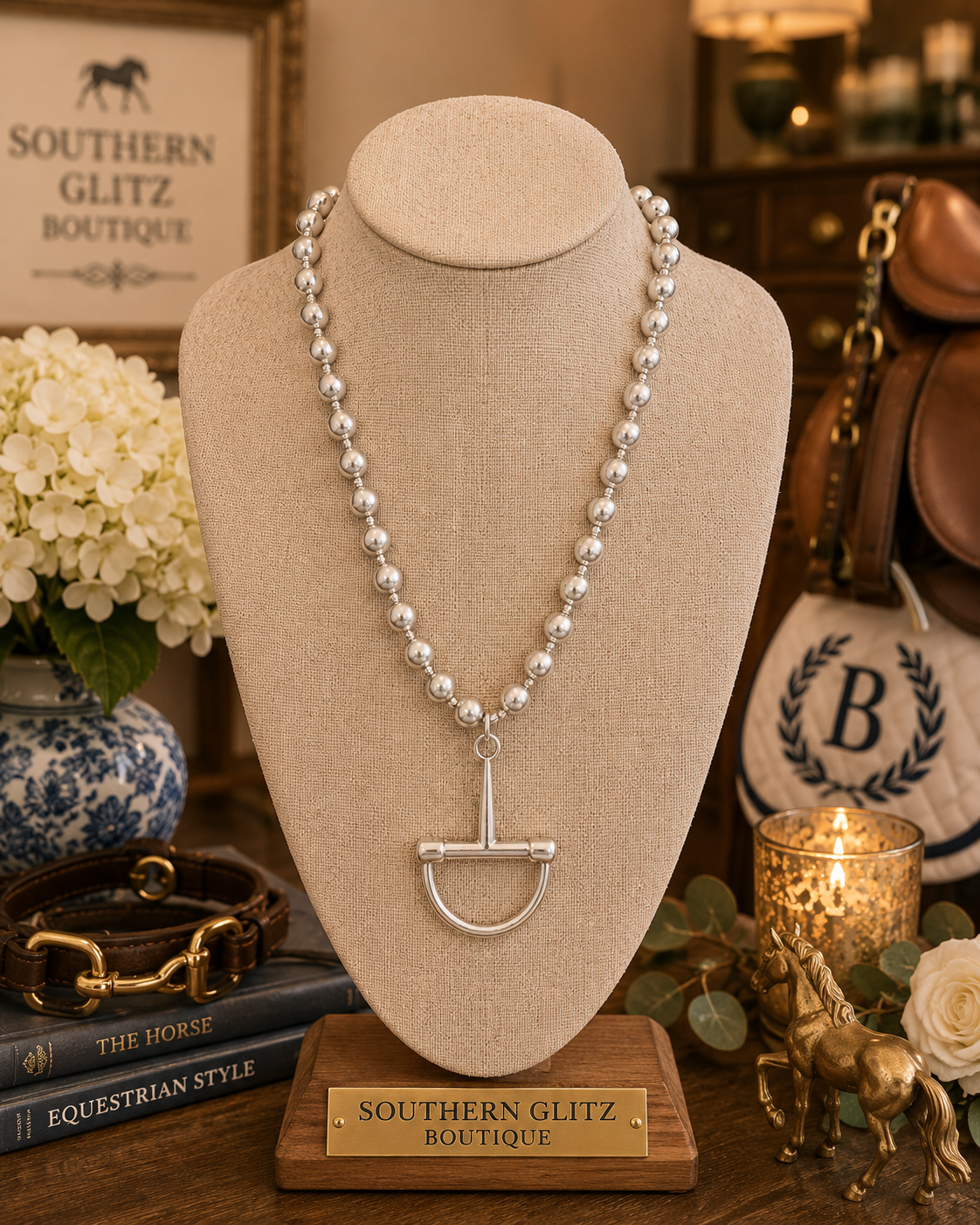 Silver Beaded Equestrian Stirrup Necklace, Horse Bit Pendant Necklace, Horse Lover Jewelry, Rider Gift, Equestrian Statement Necklace