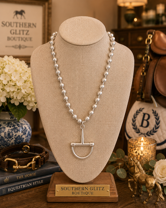Silver Beaded Equestrian Stirrup Necklace, Horse Bit Pendant Necklace, Horse Lover Jewelry, Rider Gift, Equestrian Statement Necklace