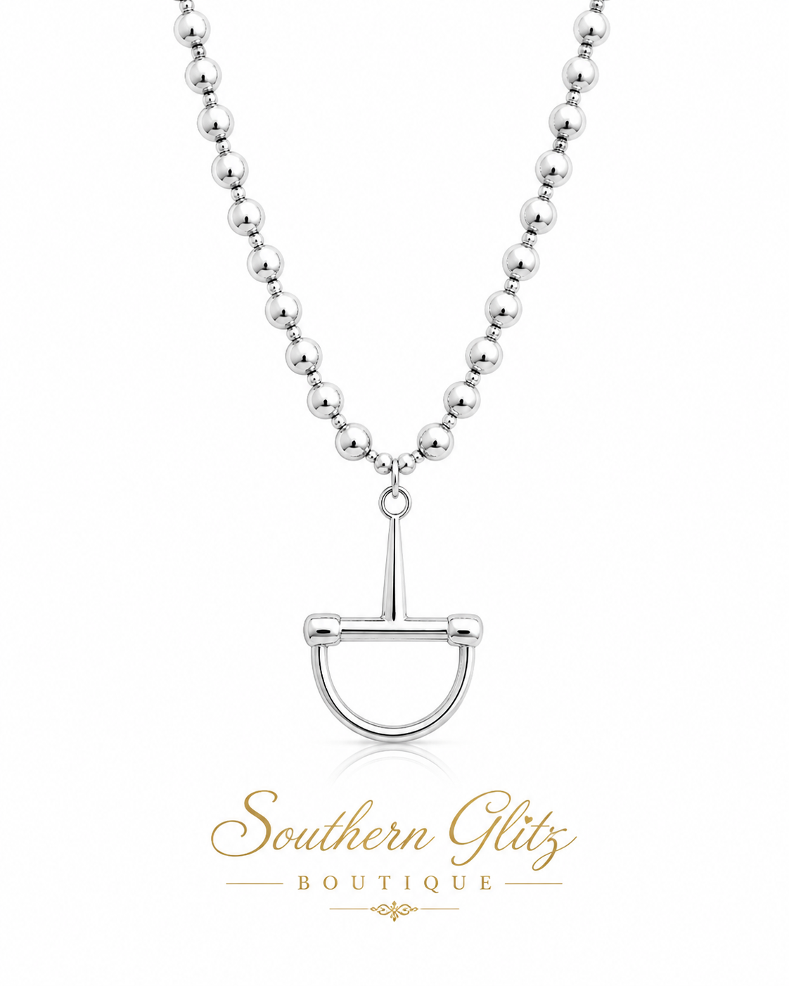 Silver Beaded Equestrian Stirrup Necklace, Horse Bit Pendant Necklace, Horse Lover Jewelry, Rider Gift, Equestrian Statement Necklace