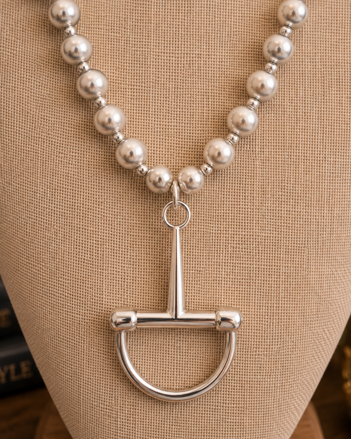 Silver Beaded Equestrian Stirrup Necklace, Horse Bit Pendant Necklace, Horse Lover Jewelry, Rider Gift, Equestrian Statement Necklace