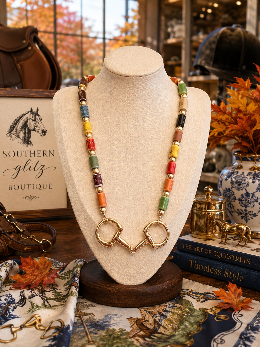 Colorful Equestrian Horse Bit Necklace, Multicolor Beaded Statement Necklace, Gold Snaffle Bit Jewelry, Horse Lover Gift