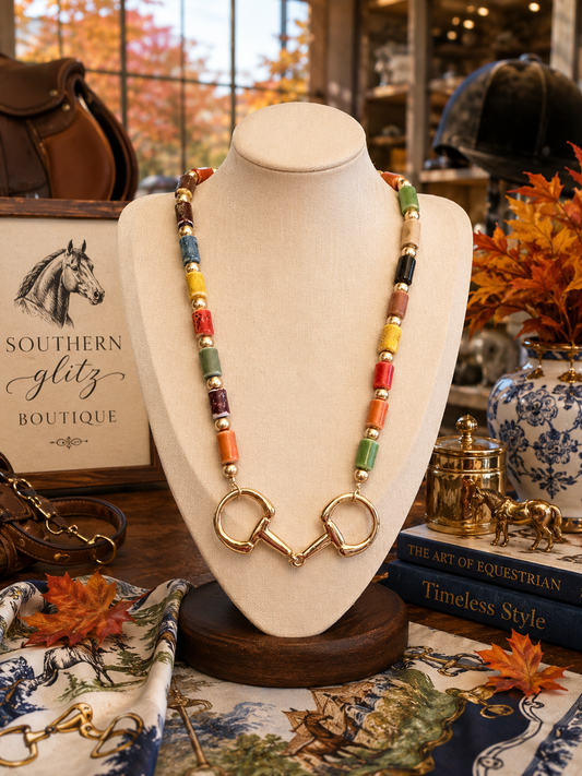 Colorful Equestrian Horse Bit Necklace, Multicolor Beaded Statement Necklace, Gold Snaffle Bit Jewelry, Horse Lover Gift