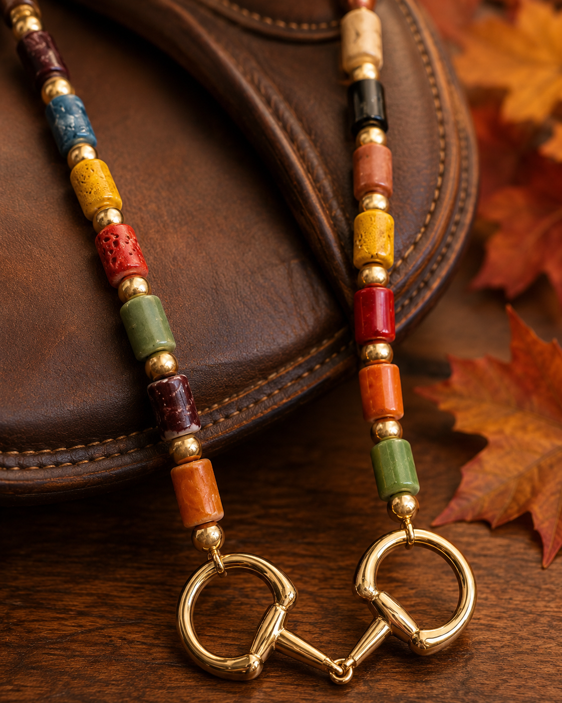 Colorful Equestrian Horse Bit Necklace, Multicolor Beaded Statement Necklace, Gold Snaffle Bit Jewelry, Horse Lover Gift