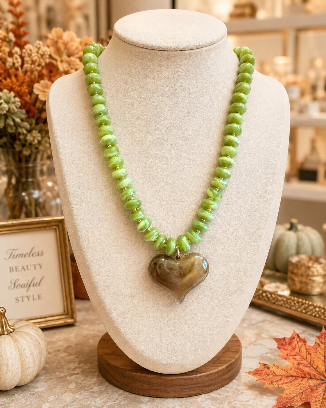 Green Beaded Heart Necklace, Brown Marbled Heart Pendant, Lime Green Statement Necklace, Boutique Jewelry, Gift for Her